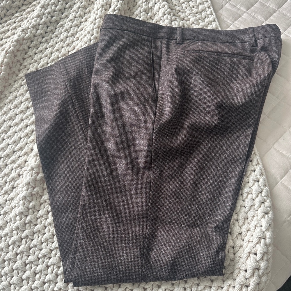 Boss Brown w/ a slight hint of burgundy wool textured slacks.